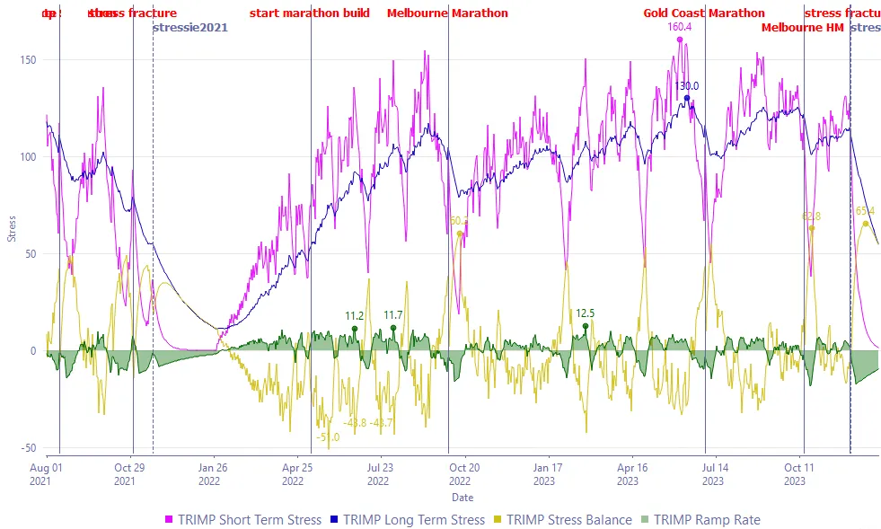 Chart modeling the authors TRIMP training load over several seasons and injuries