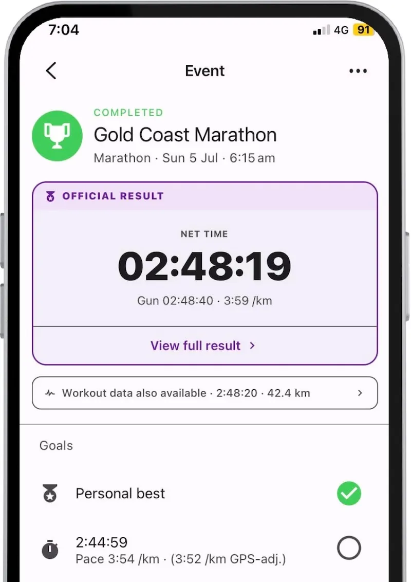 Chiron app Event screen for the 2026 Gold Coast Marathon showing an official net time of 02:48:19 and the 2:44:59 goal left unachieved