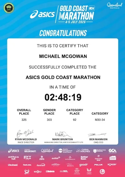 Gold Coast Marathon 2026 official result certificate showing Michael's 2:48:19 finish time