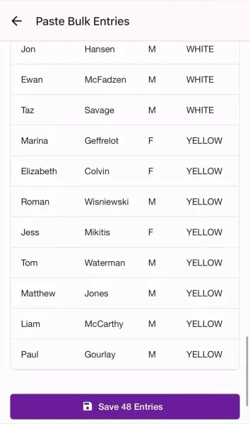 Import start list from spreadsheet mobile web