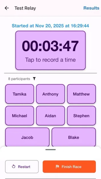 Race timing screen mobile web